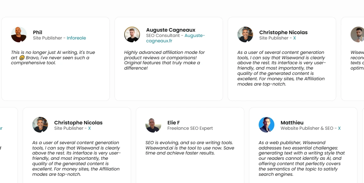 Screenshot Wisewand Testimonials